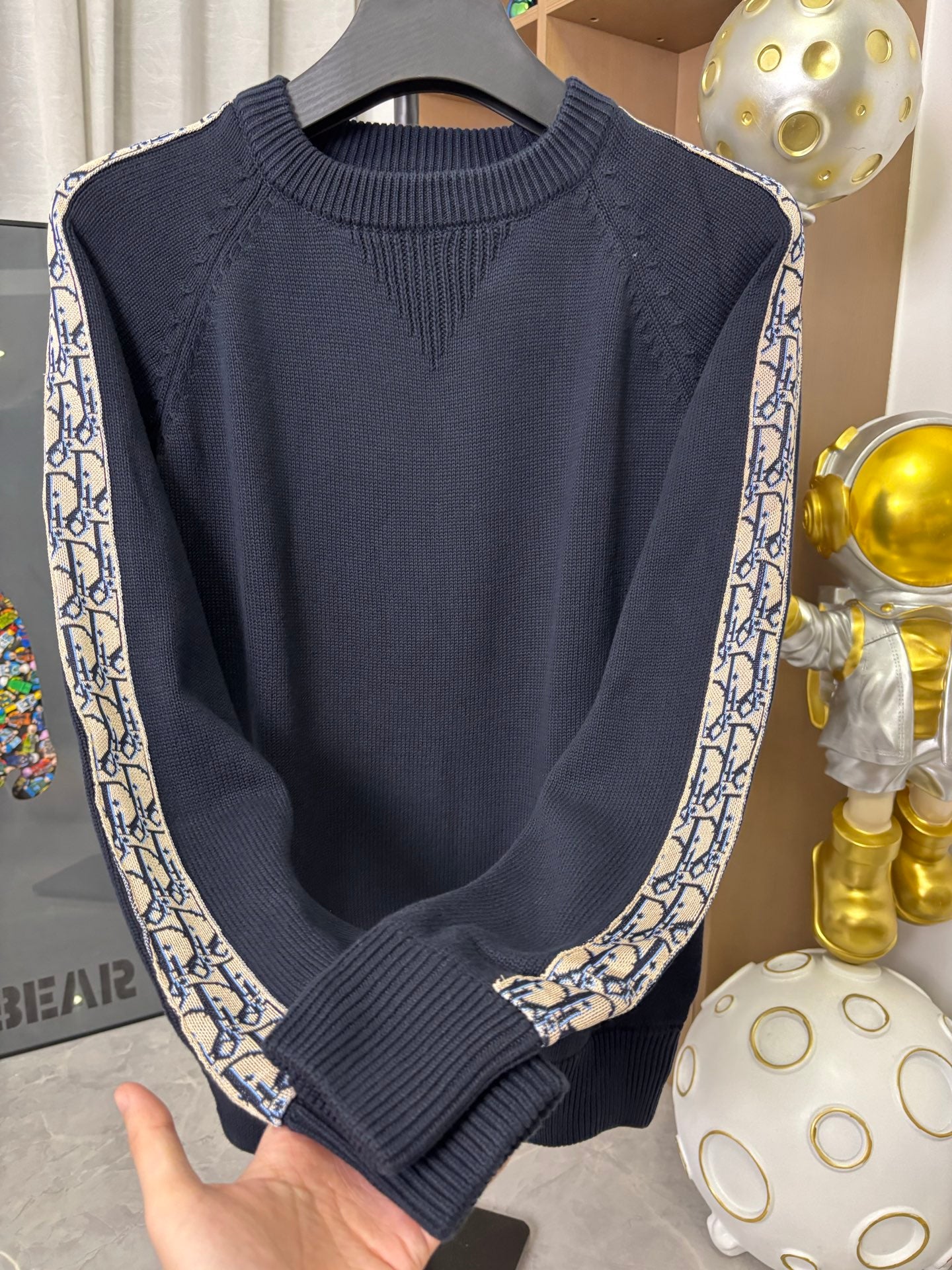 Dior long-sleeve knit sweater, dark navy, patterned sleeve side stripe