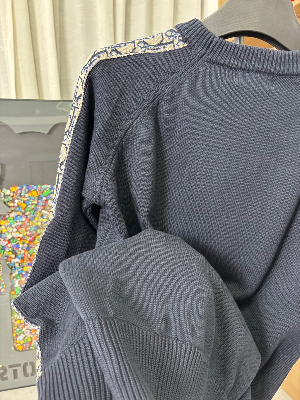 Dior long-sleeve knit sweater sleeve cuff with patterned trim, dark navy