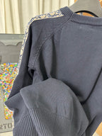 Dior long-sleeve knit sweater sleeve cuff with patterned trim, dark navy