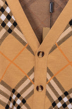 Burberry tan plaid cardigan center placket with metal buttons