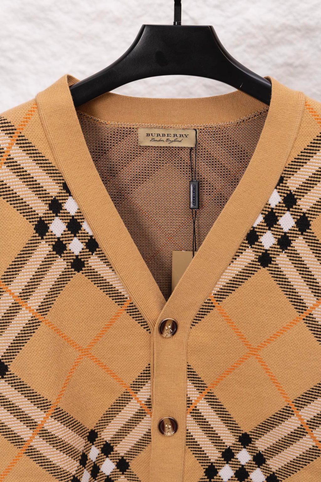 Burberry tan plaid cardigan V-neck with button placket and ribbed trim