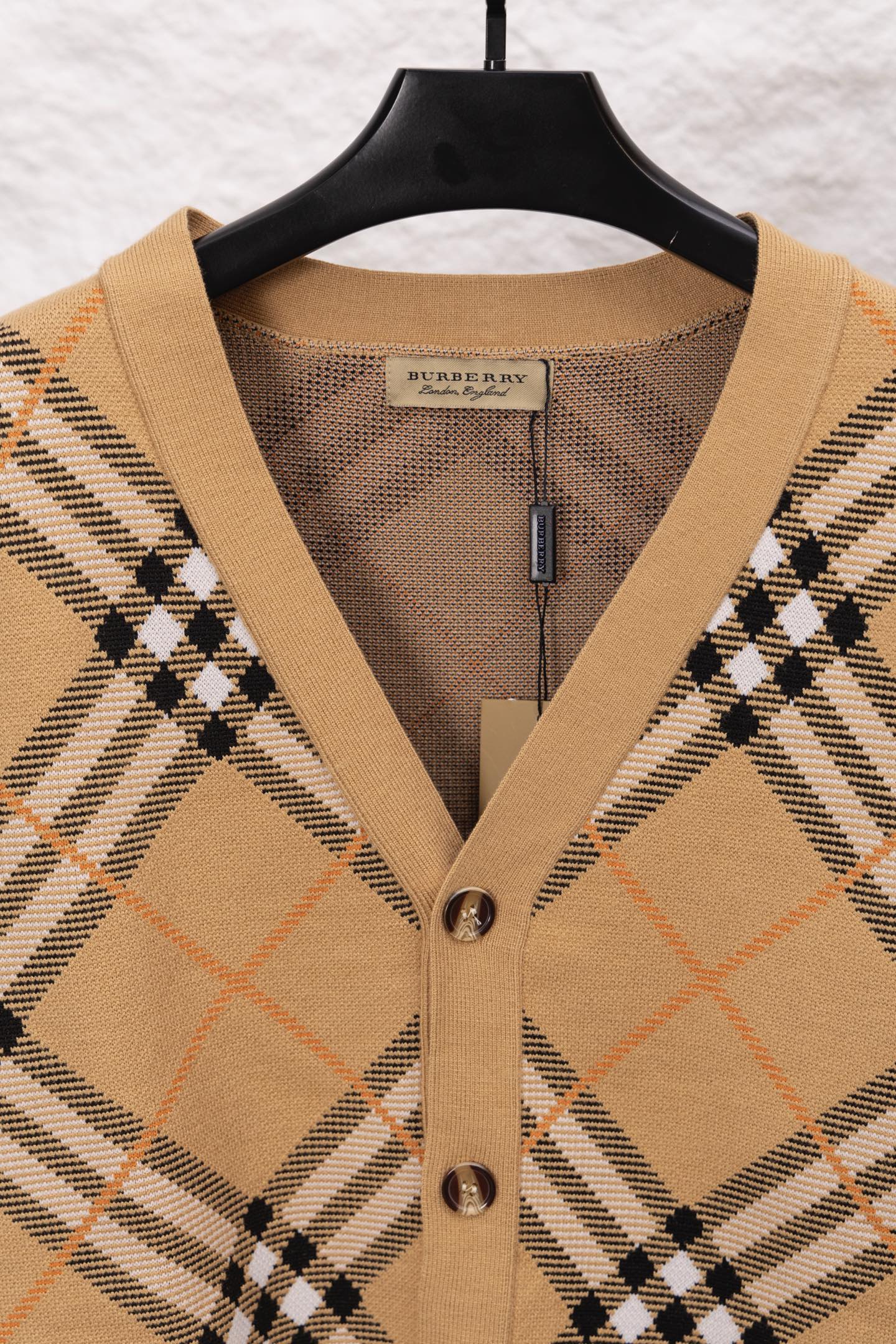 Burberry tan plaid cardigan V-neck with button placket and ribbed trim