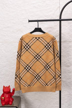 Burberry tan plaid cardigan back view, V-neck, long sleeves