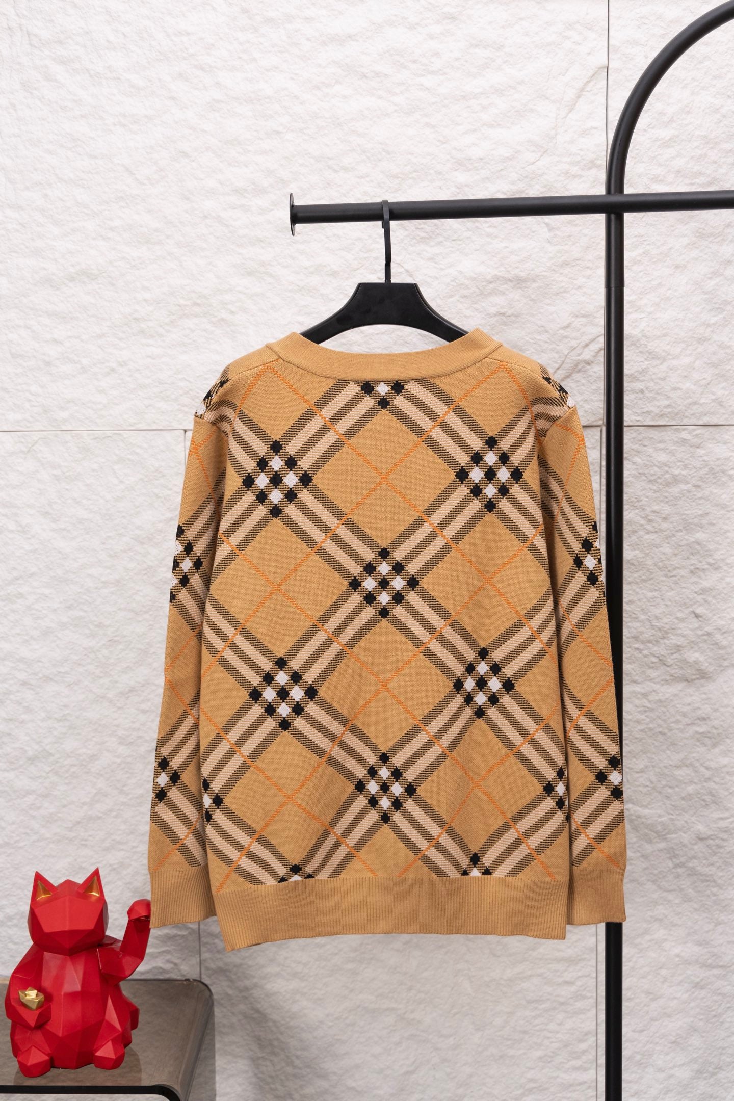 Burberry tan plaid cardigan back view, V-neck, long sleeves