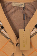 Burberry tan plaid cardigan neck tag with buttoned V-neck placket