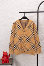 Burberry tan plaid cardigan with V-neck, button front, long sleeves
