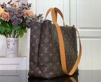 Louis Vuitton monogram tote bag with tan side strap and monogram canvas body