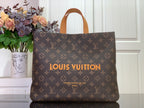 Louis Vuitton monogram tote bag with tan handles and front logo print