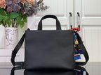 Louis Vuitton tote bag with top handles and crossbody strap, dark leather with scarf