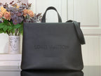 Tote bag with dark gray smooth leather, top handles, and front Louis Vuitton logo