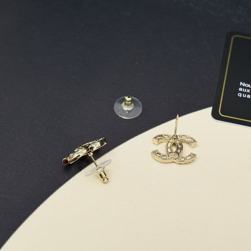 Gold-tone CC drop earrings with rhinestone trim
