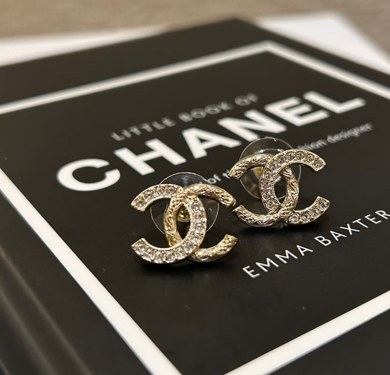 Rhinestone CC earrings, gold-tone, on branded backing card