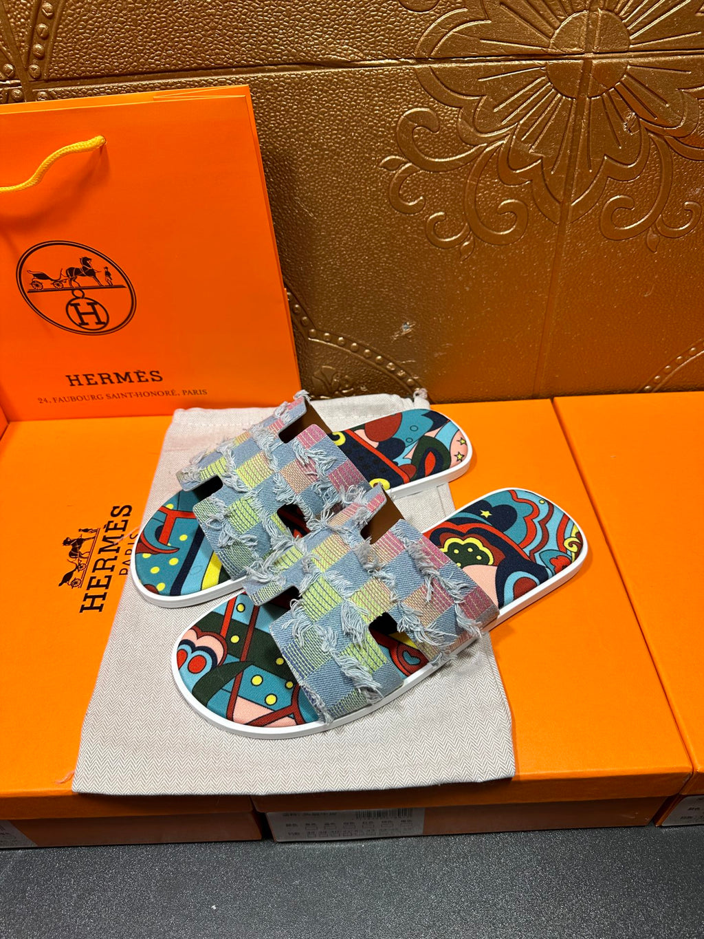 Patchwork Hermes slide sandals, multicolor fabric straps with light blue and graphic pattern