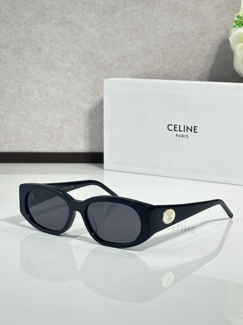 Celine oval sunglasses, black frame with dark gray lenses and gold logo detail