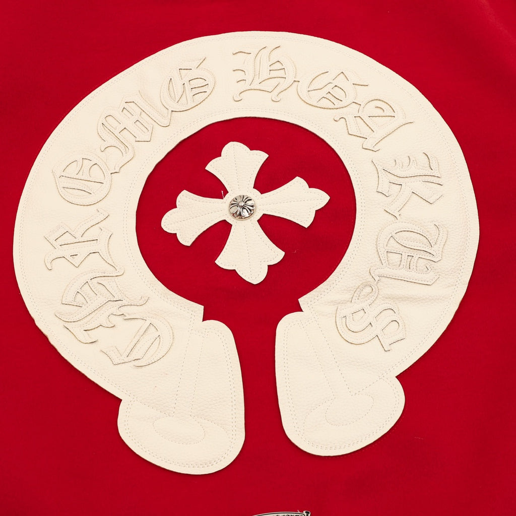 Red varsity jacket back logo: white Tree patch with red center