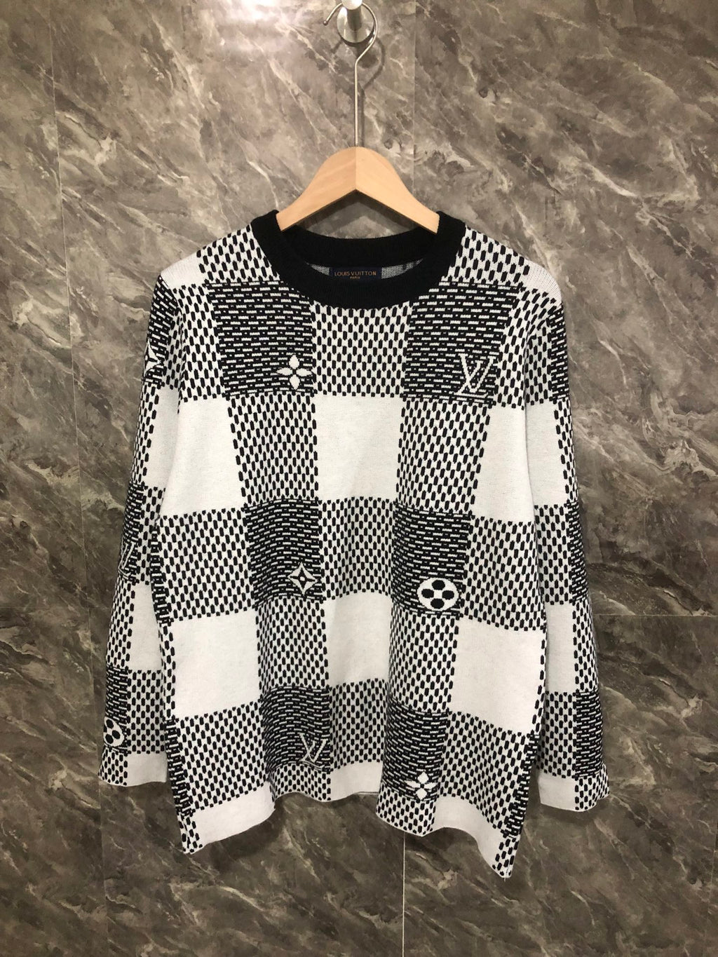 Long-sleeve sweater in black-and-white check knit with Louis Vuitton motifs