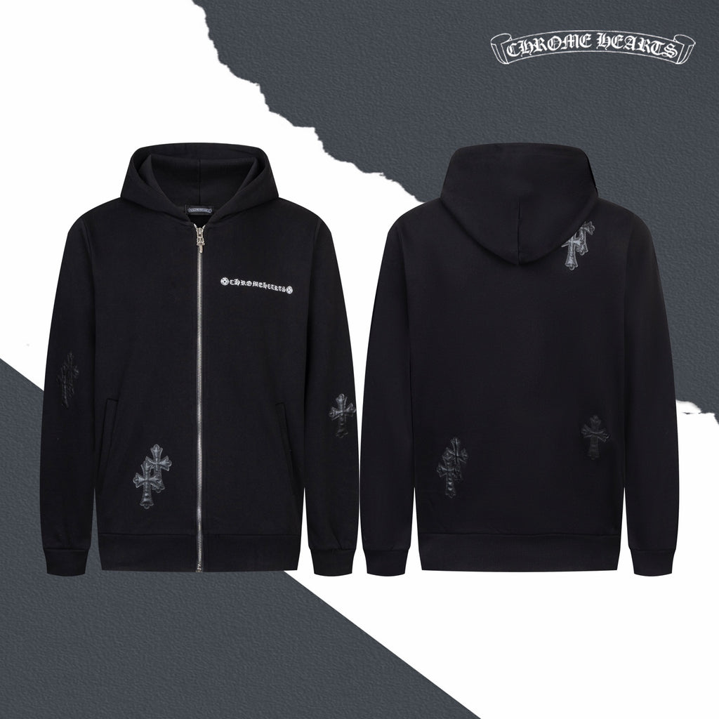 Black zip-up hoodie front and back views, with hood and embroidered cross details