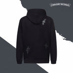 Black zip-up hoodie back with hood and small cross logo embroidery on sleeve