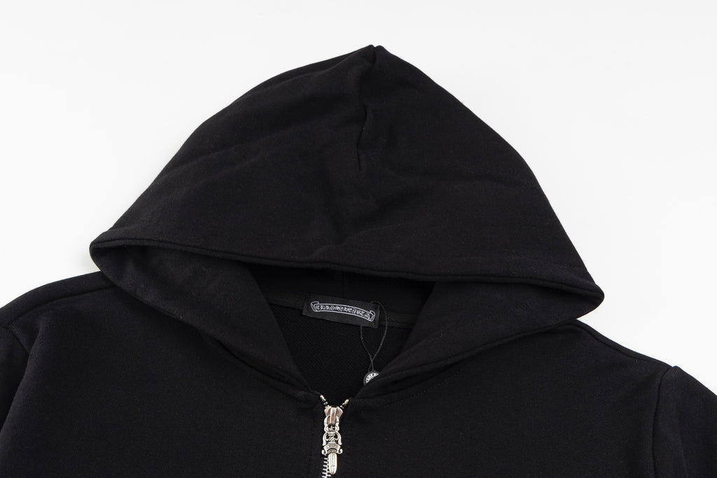 Black hoodie hood and zipper top, with small brand label inside neckline
