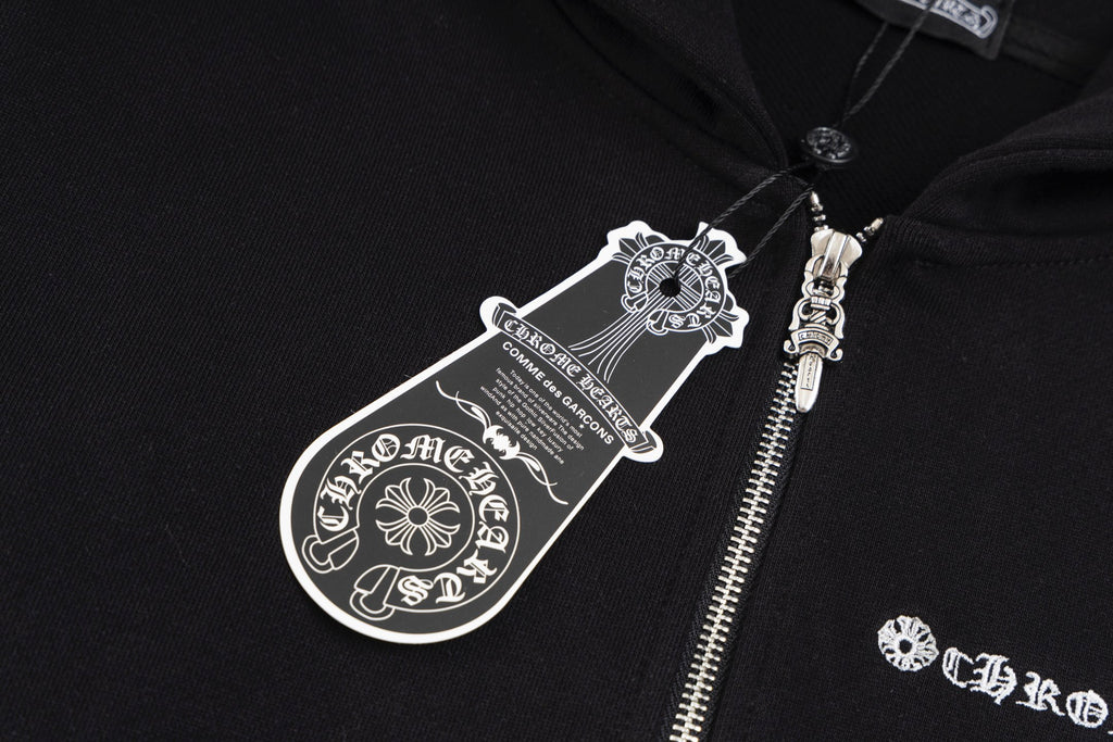 Black hoodie chest logo graphic and metal zipper teeth detail