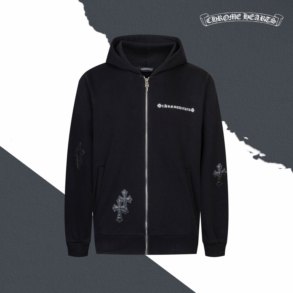 Black zip-up hoodie with drawstring hood and front cross graphic embroidery