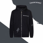 Black zip-up hoodie with drawstring hood and front cross graphic embroidery