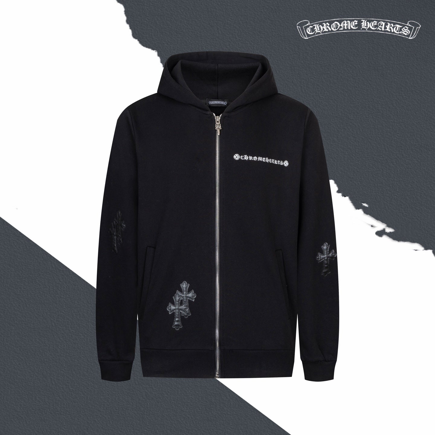 Black zip-up hoodie with drawstring hood and front cross graphic embroidery
