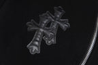 Black hoodie sleeve cross embroidery with textured stitched edges
