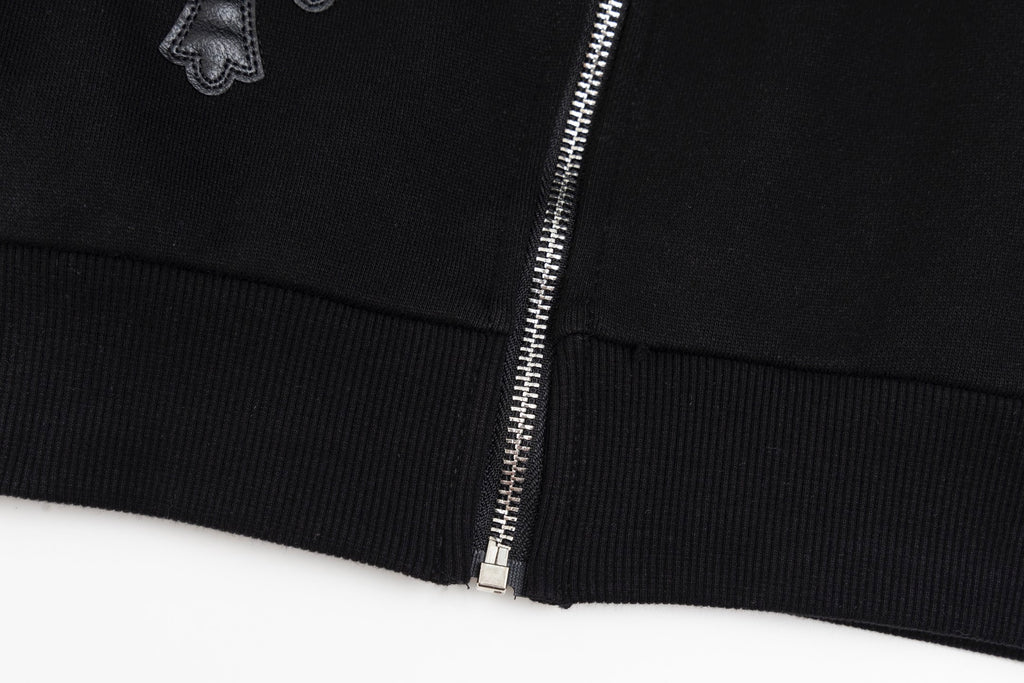 Black hoodie hem cuff with metal zipper and ribbed knit trim