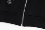 Black hoodie hem cuff with metal zipper and ribbed knit trim