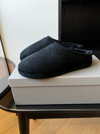 Balenciaga dark suede slip-on mules with rounded toe, one pair on box