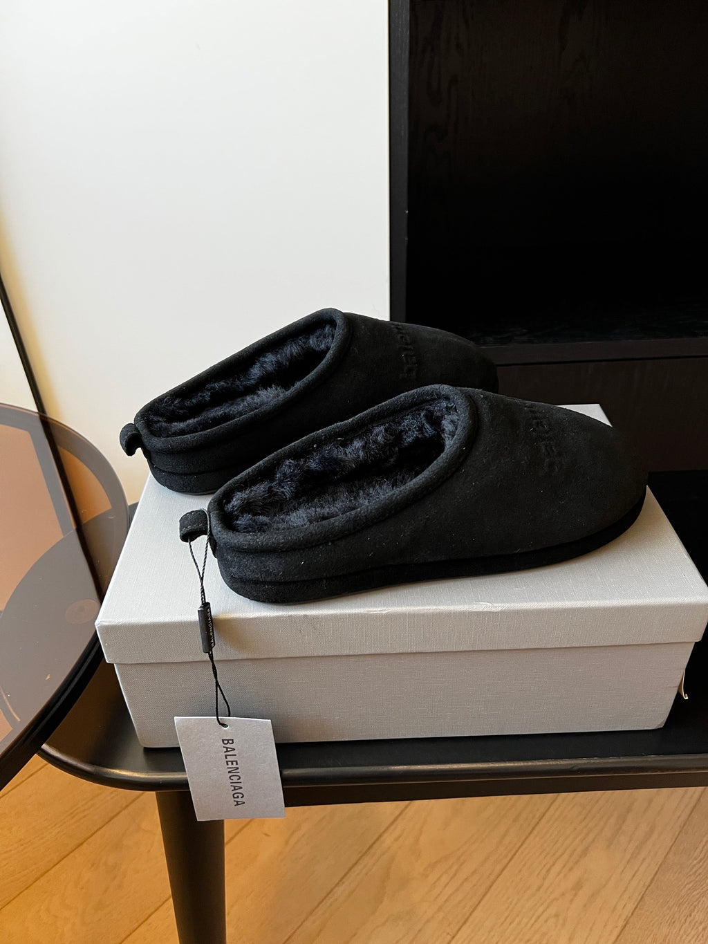 Balenciaga dark suede mules with decorative lace detail, plush cuff, boxed