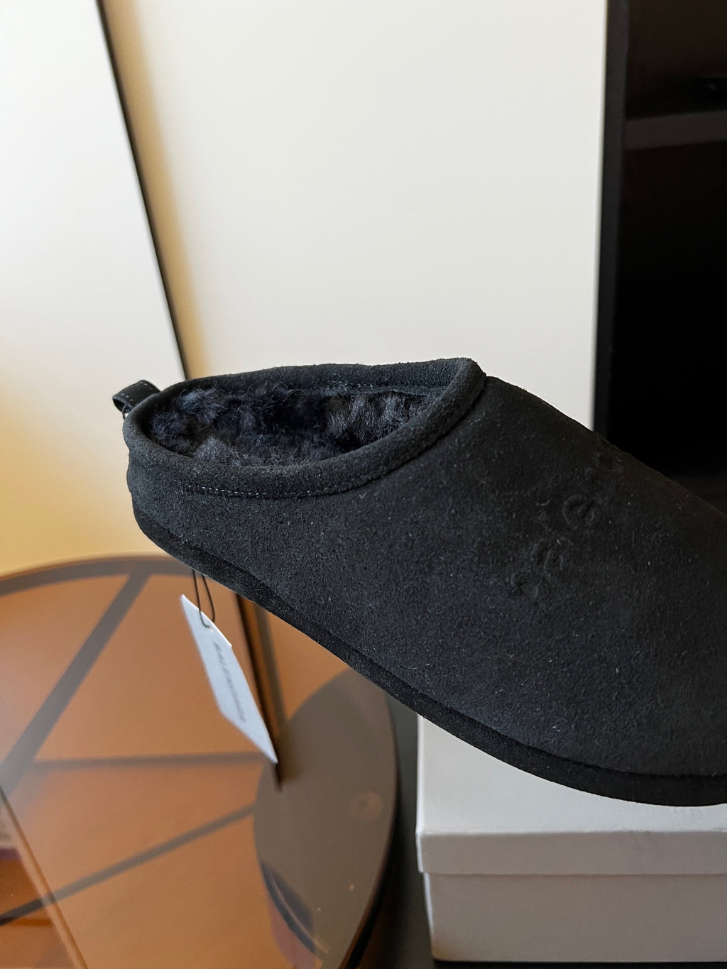 Balenciaga dark suede mule with stitched side seam and plush interior
