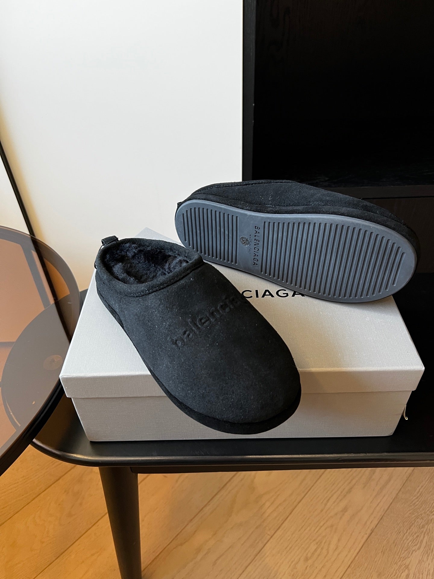 Balenciaga dark suede mules with ribbed rubber outsole, pair on box