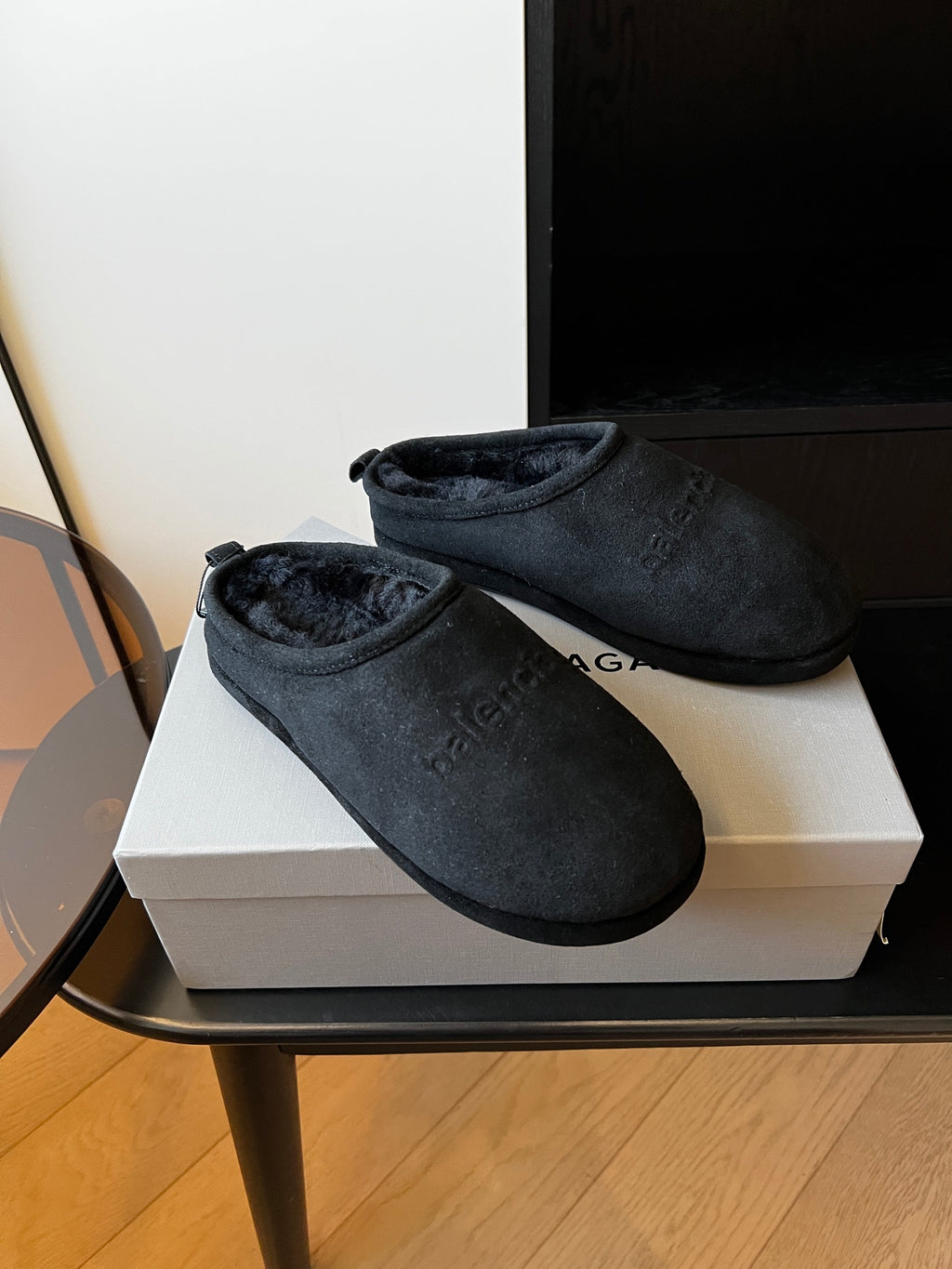 Balenciaga dark suede mules, rounded toe, plush interior, pair on box