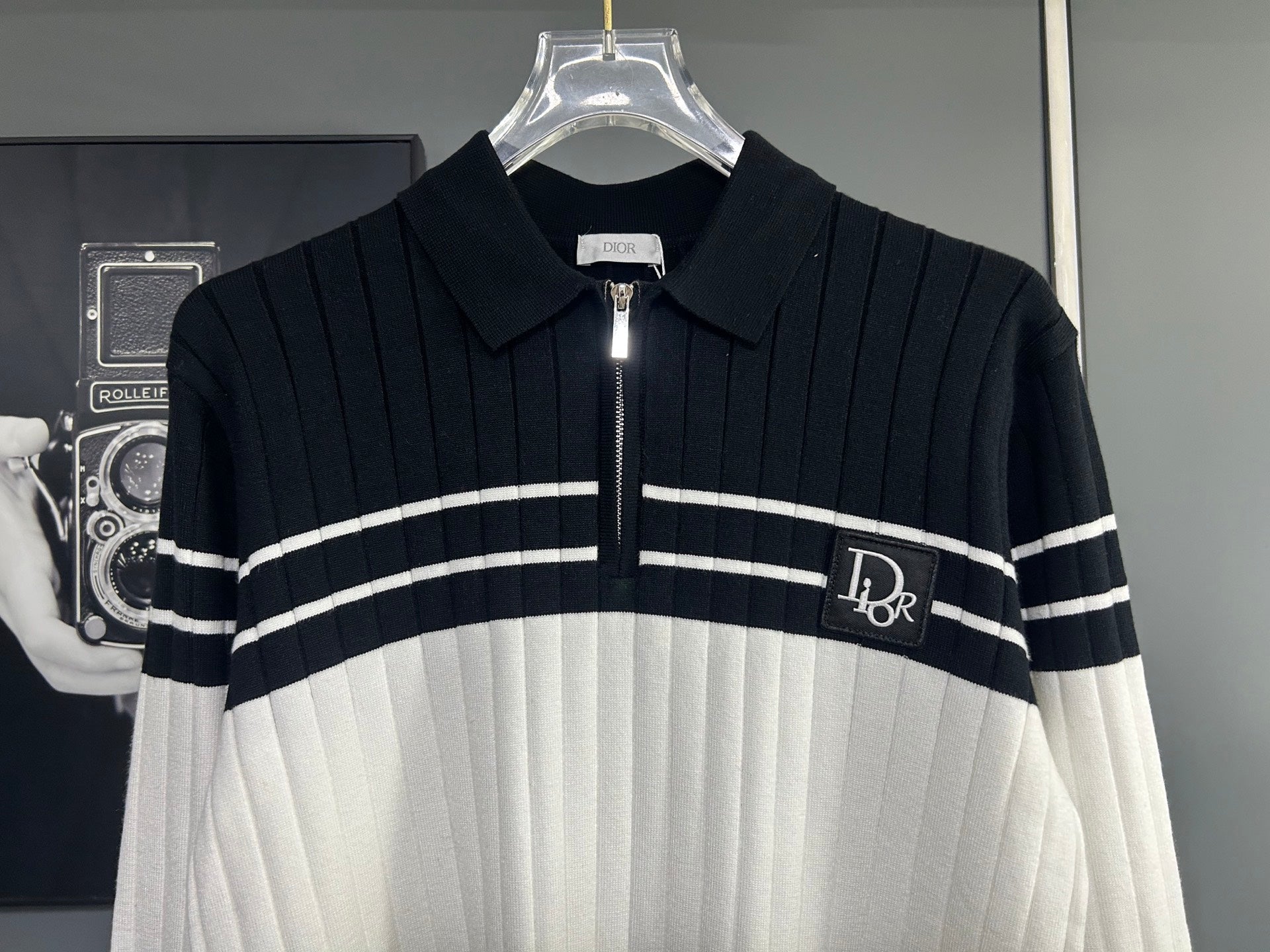 Long-sleeve knit polo sweater with half-zip collar and Dior logo on the chest