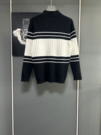 Dior long-sleeve knit polo sweater, back view with black-and-white stripe bands