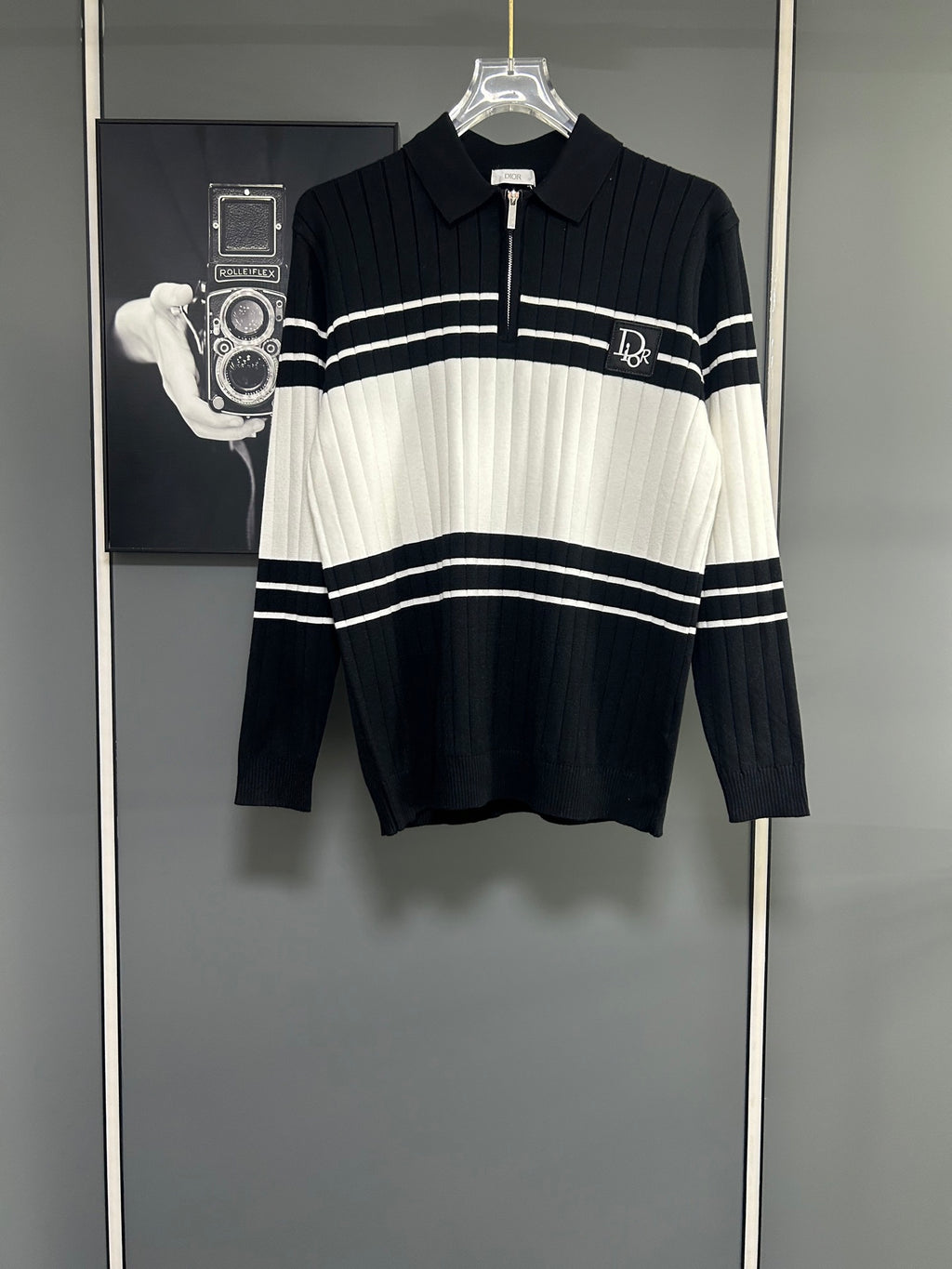 Dior long-sleeve knit polo sweater with black-and-white horizontal stripe ribbing