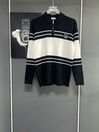 Dior long-sleeve knit polo sweater with black-and-white horizontal stripe ribbing