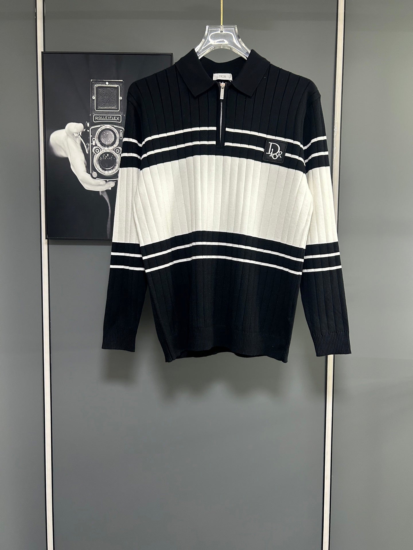 Dior long-sleeve knit polo sweater with black-and-white horizontal stripe ribbing
