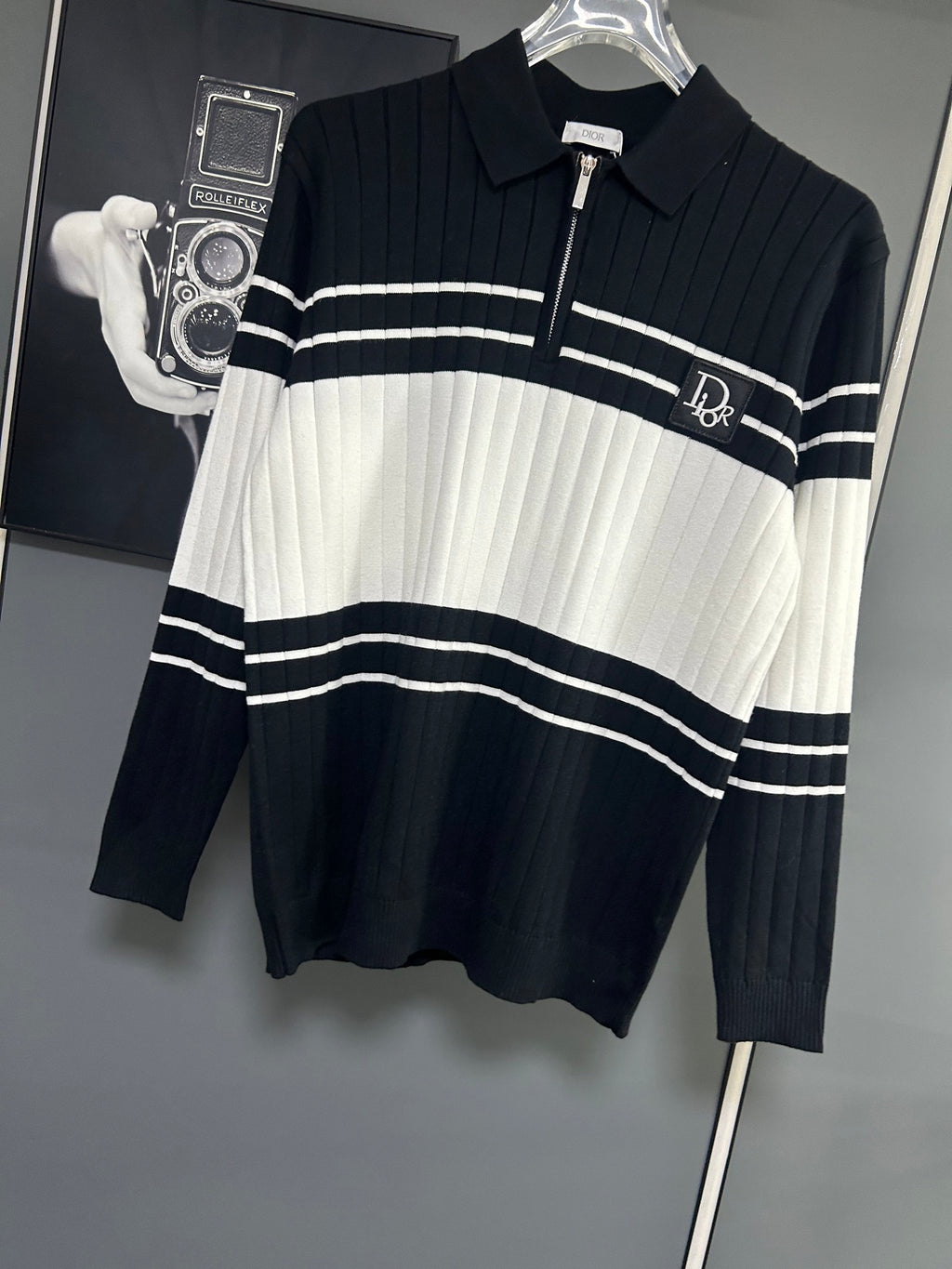 Dior long-sleeve knit polo sweater in black and white with horizontal stripe pattern