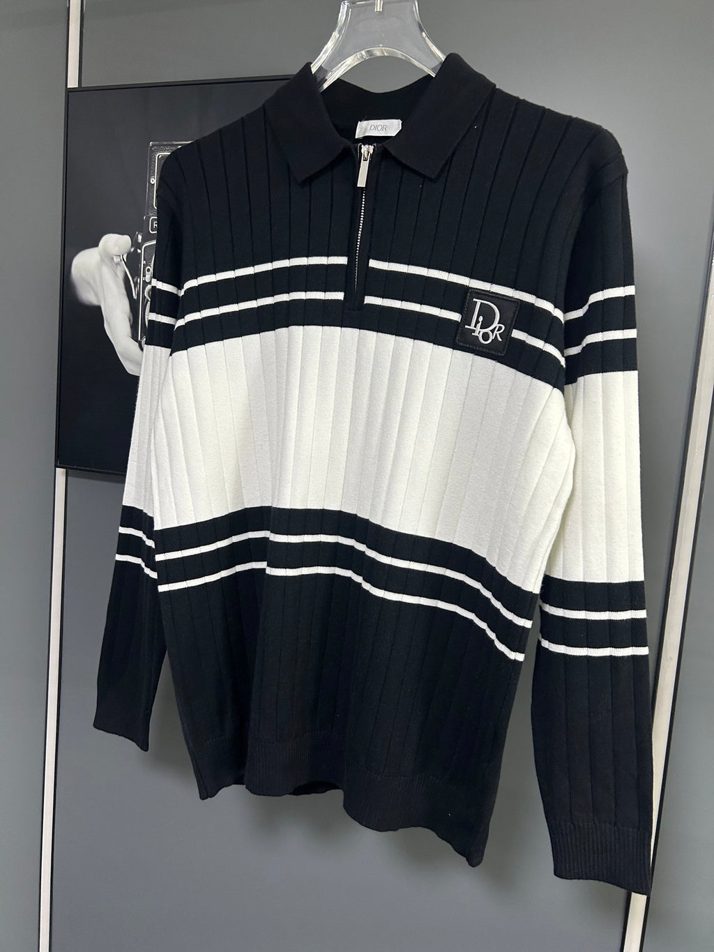 Long-sleeve knit polo sweater with half-zip collar and Dior logo patch on chest