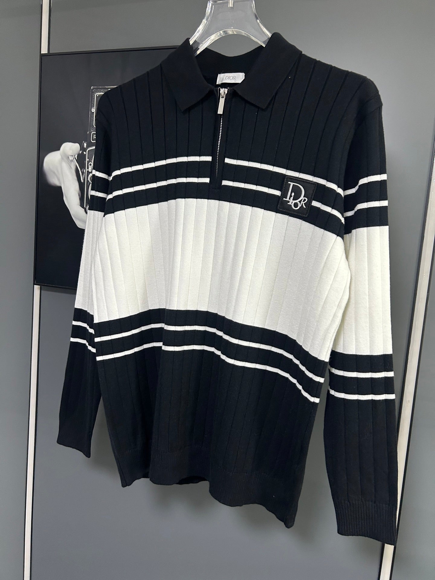 Long-sleeve knit polo sweater with half-zip collar and Dior logo patch on chest