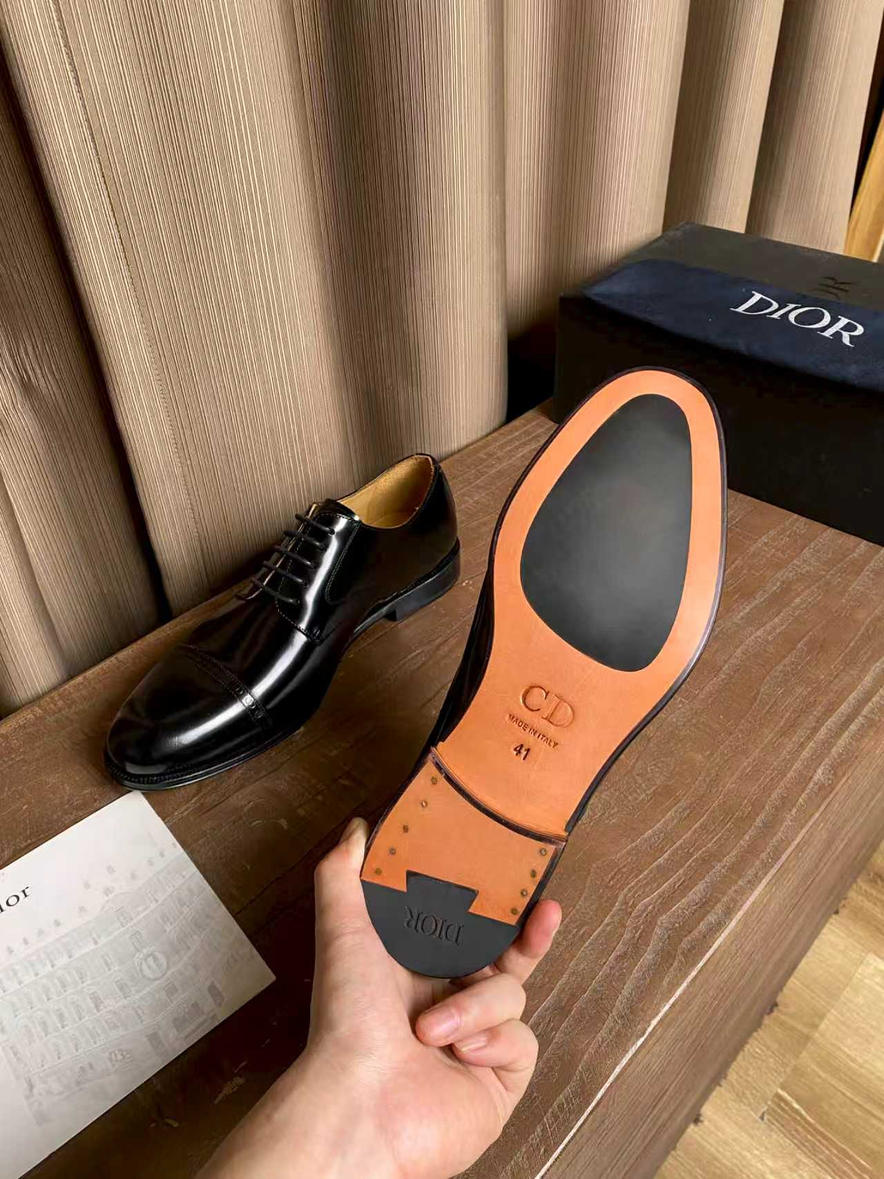 Dior unisex lace-up oxford shoes, black leather; orange insole sole with CD logo