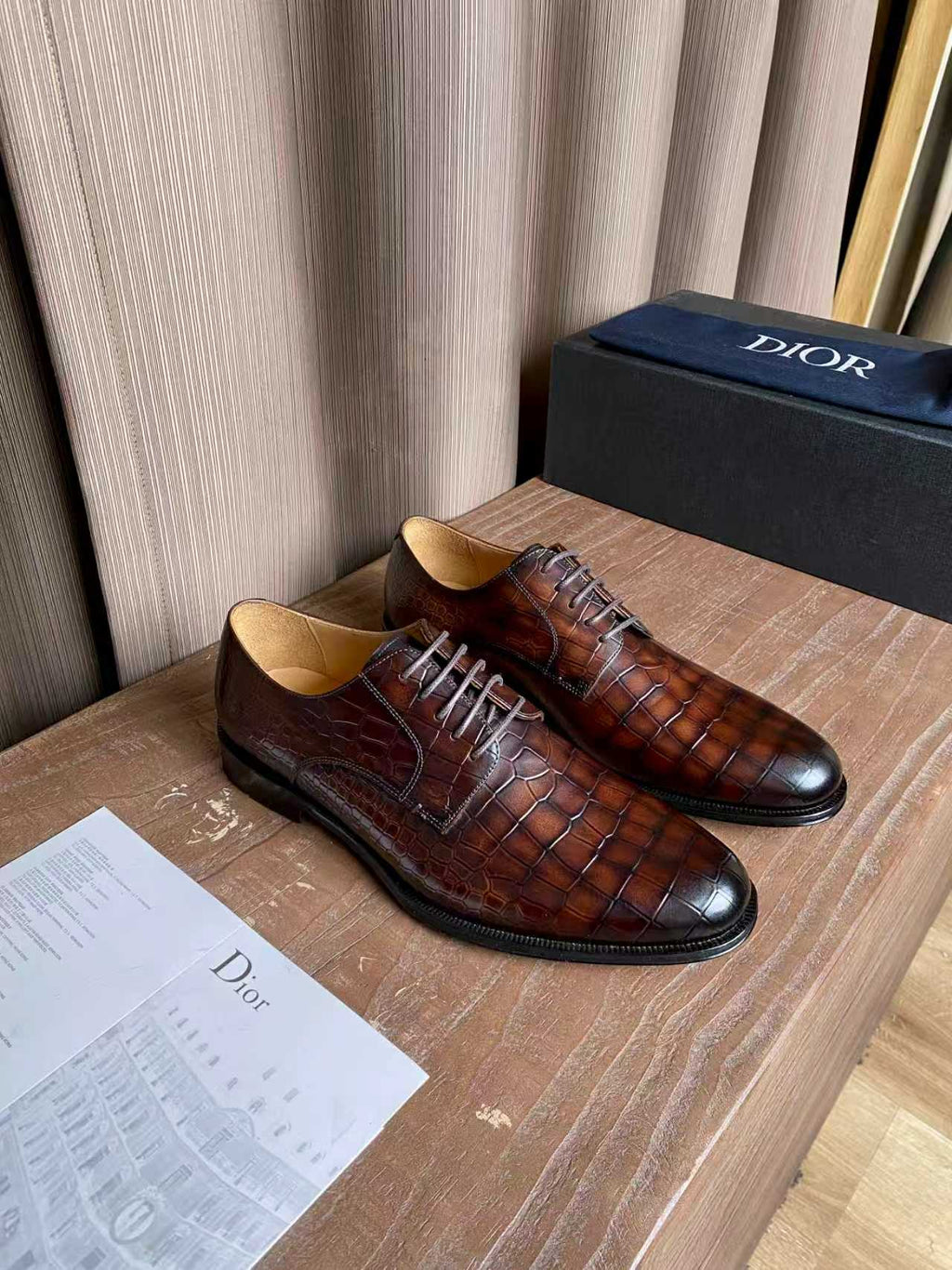 Dior unisex lace-up leather oxford shoes, dark brown crocodile-style texture