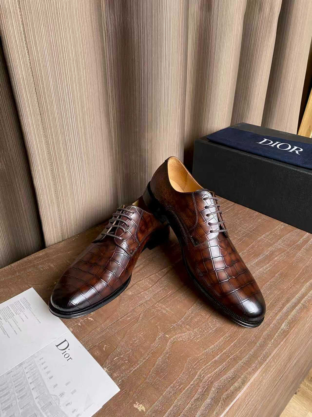 Dior unisex brown lace-up leather oxford shoes with crocodile-style finish