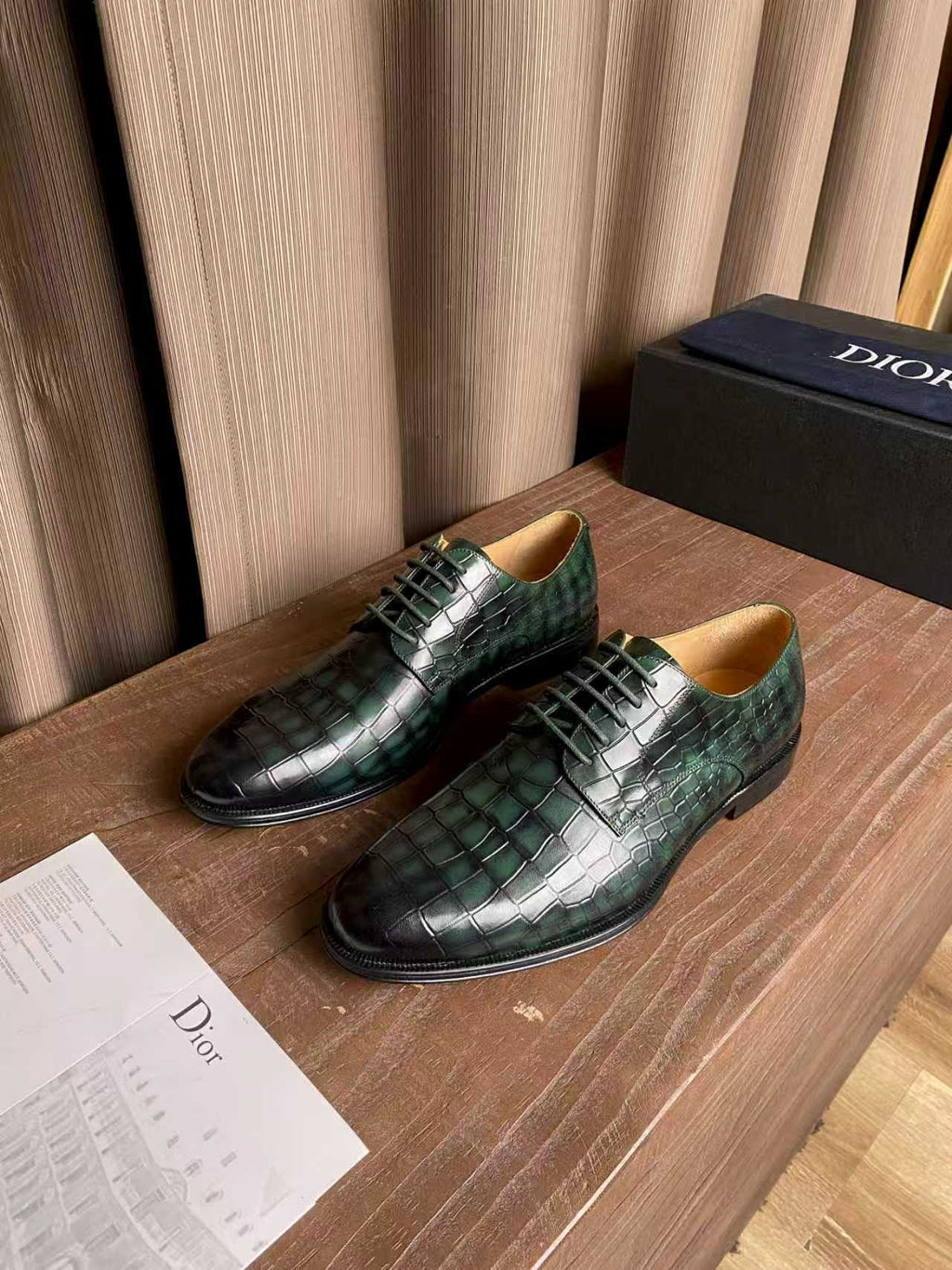 Dior unisex lace-up dress shoes, green metallic crocodile-pattern leather pair