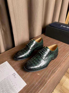 Dior unisex lace-up dress shoes, green metallic crocodile-pattern leather pair