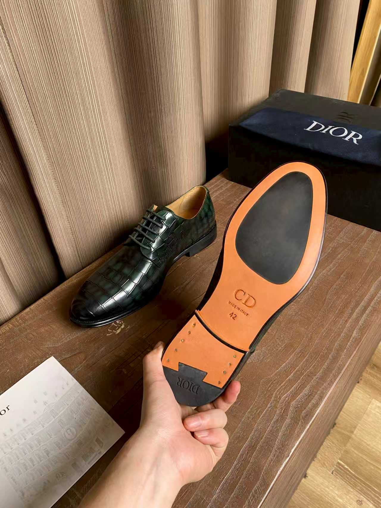 Dior unisex lace-up dress shoes with orange interior insole and green metallic upper