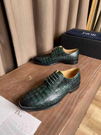 Dior unisex lace-up dress shoes, dark green crocodile-pattern leather on wooden stand